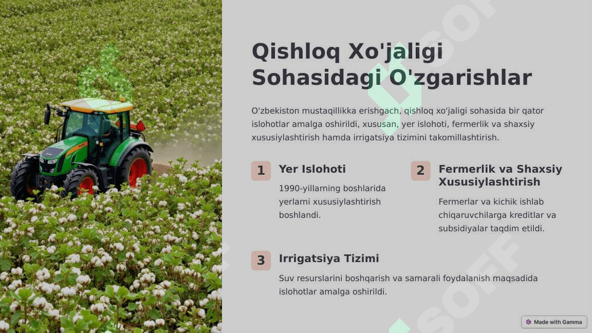 Mustaqillik yillarida qishloq xo'jaligi va sanoat sohasidagi o'zgarishlar. 3