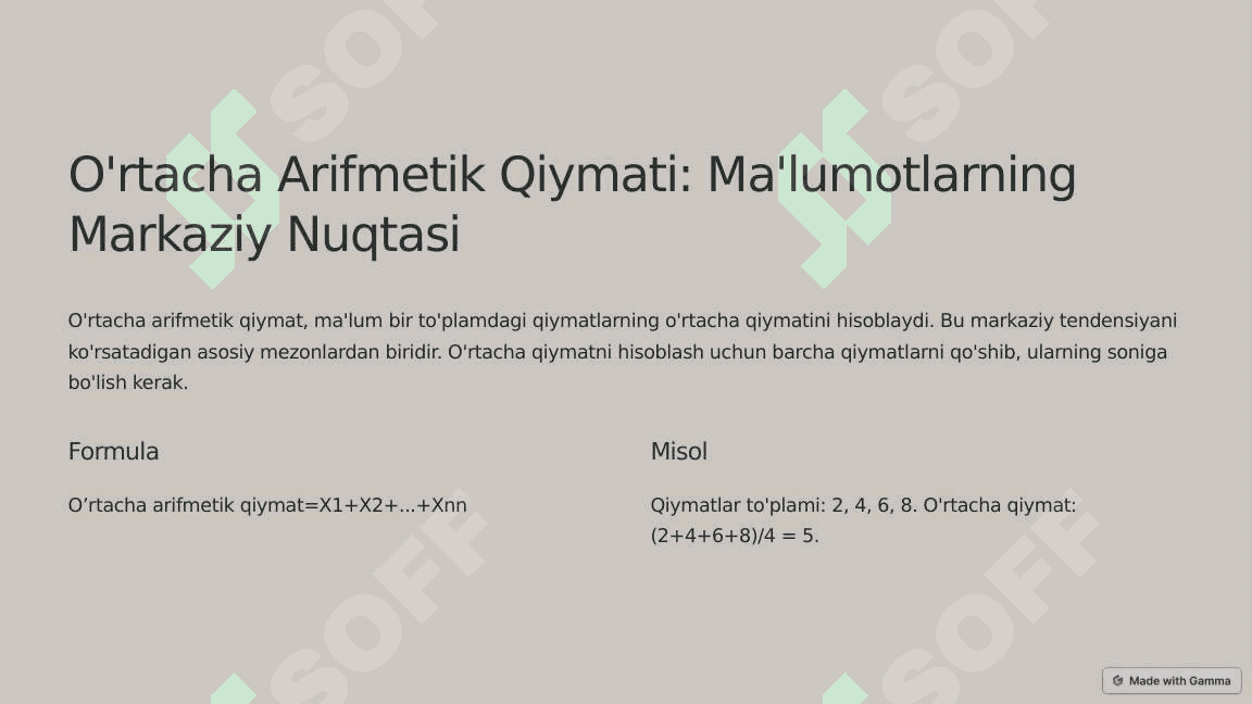 O'rtacha arifmetik qiymati va uning xususiyatlari. Standart og'ish va uning ahamiyati 2