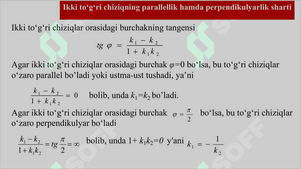 To'g'ri chiziqlar dastasi tenglamasi. Ikki to'g'ri chiziq orasidagi burchak. To'g'ri chiziqning parallellik va perpendikulyarlik alomatlari. Kesishuvchi to'g'ri chiziqlarning bissektrisa tenglamalari. Nuqtadan to'g'ri chiziqgacha masofa. Analitik geometriyaning sodda masalalari. 7