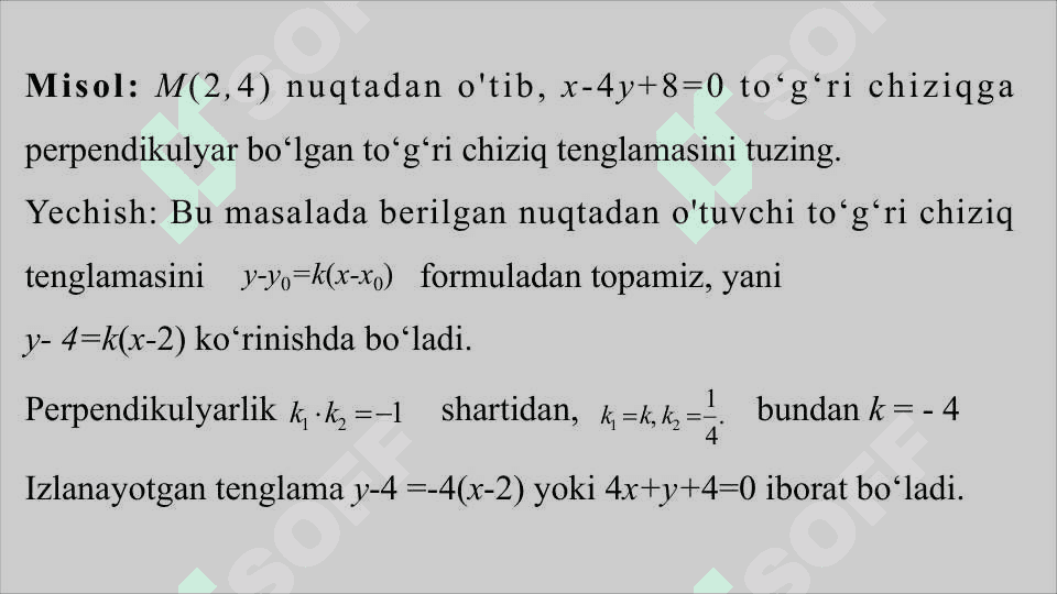 To'g'ri chiziqlar dastasi tenglamasi. Ikki to'g'ri chiziq orasidagi burchak. To'g'ri chiziqning parallellik va perpendikulyarlik alomatlari. Kesishuvchi to'g'ri chiziqlarning bissektrisa tenglamalari. Nuqtadan to'g'ri chiziqgacha masofa. Analitik geometriyaning sodda masalalari. 8