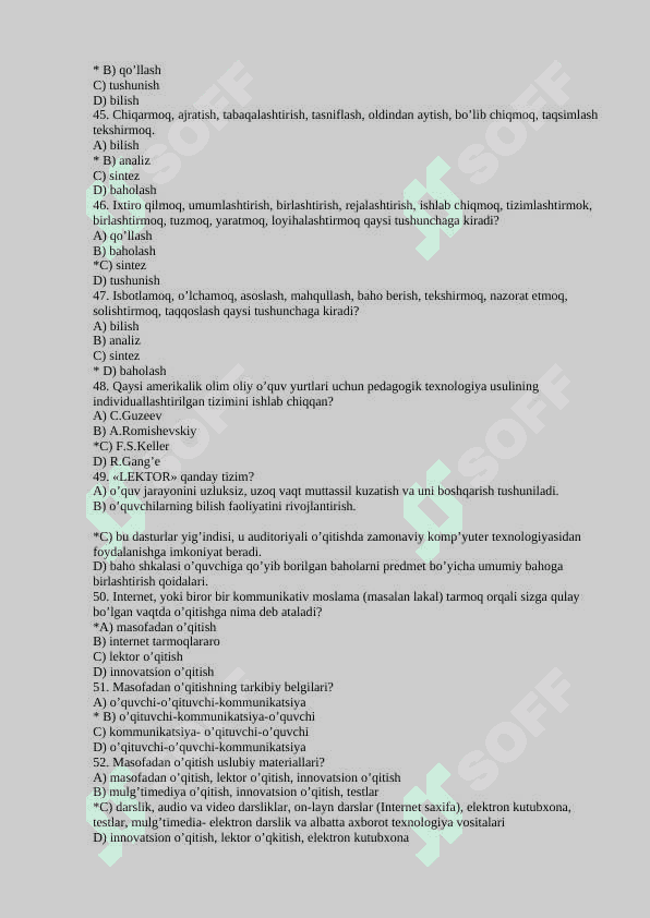 Pedagogik texnologiya va pedagogik mahorat test savollari javobi bilan 6