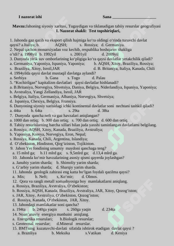 9-sinf geografiya nazorat ishi 2