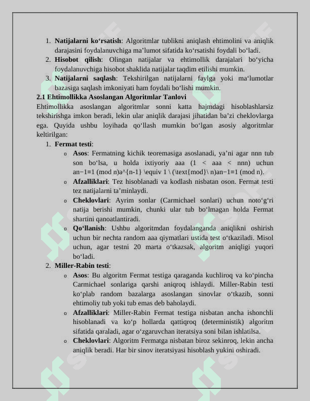 Sonlarni tublikka tekshiruvchi ehtimolikka asoslangan algoritmlarning komplex dasturiy ta‘minot ishlab chiqish 4