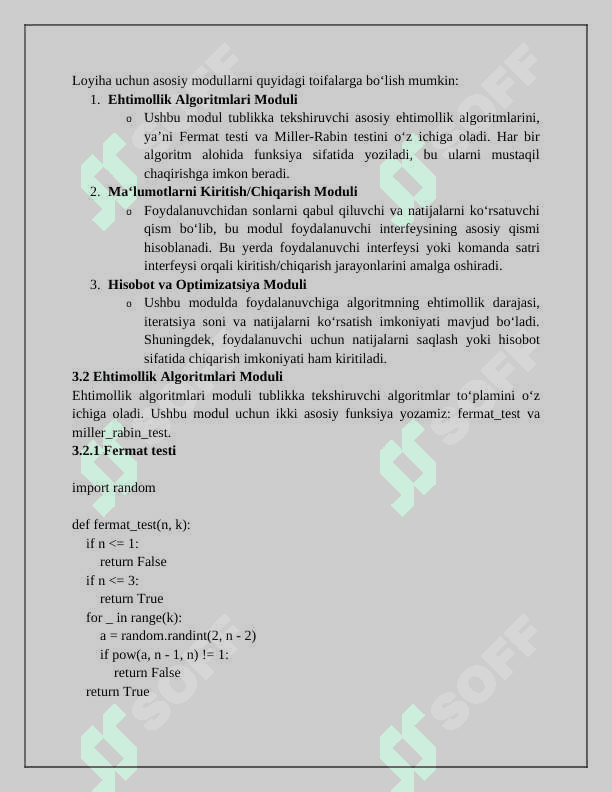 Sonlarni tublikka tekshiruvchi ehtimolikka asoslangan algoritmlarning komplex dasturiy ta‘minot ishlab chiqish 6