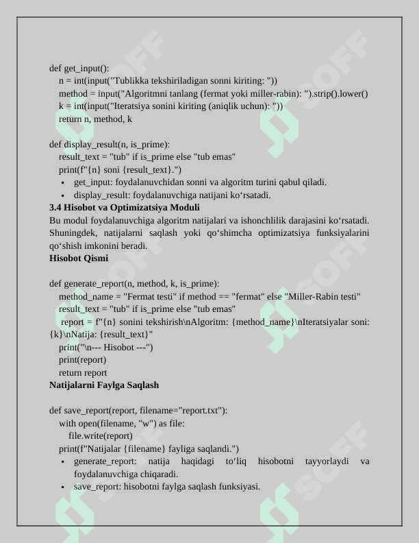 Sonlarni tublikka tekshiruvchi ehtimolikka asoslangan algoritmlarning komplex dasturiy ta‘minot ishlab chiqish 8