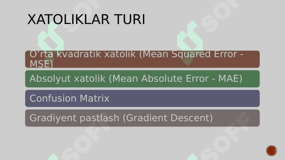 XATOLIKLARNI HISOBLASH. O'RTACHA KVADRATIK XATOLIK. GRADIENT PASTLASH. SUN’IY INTELLEKT. 4