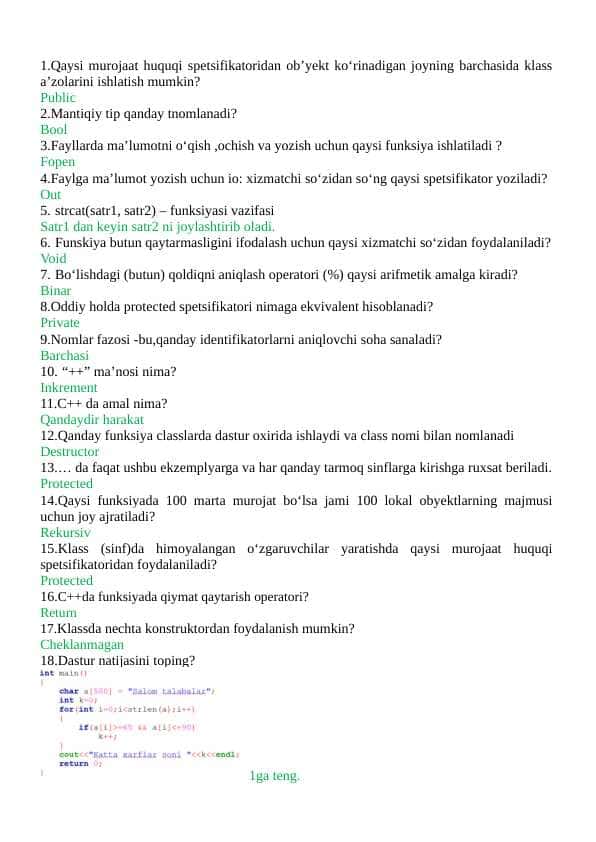 Dasturlashdan test savollariga javoblar C++ tiliga oid