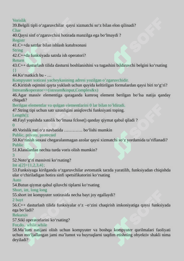 Dasturlashdan test savollariga javoblar C++ tiliga oid 3