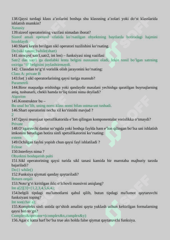 Dasturlashdan test savollariga javoblar C++ tiliga oid 8