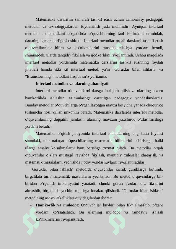 MATEMATIKA DARSLARINI INTERFAOL METODLAR YORDAMIDA TASHKIL ETISH VA UNING FOYDALI JIHATLARI 2