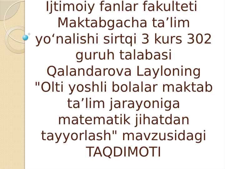Olti yoshli bolalar maktab taʼlim jarayoniga matematik jihatdan tayyorlash