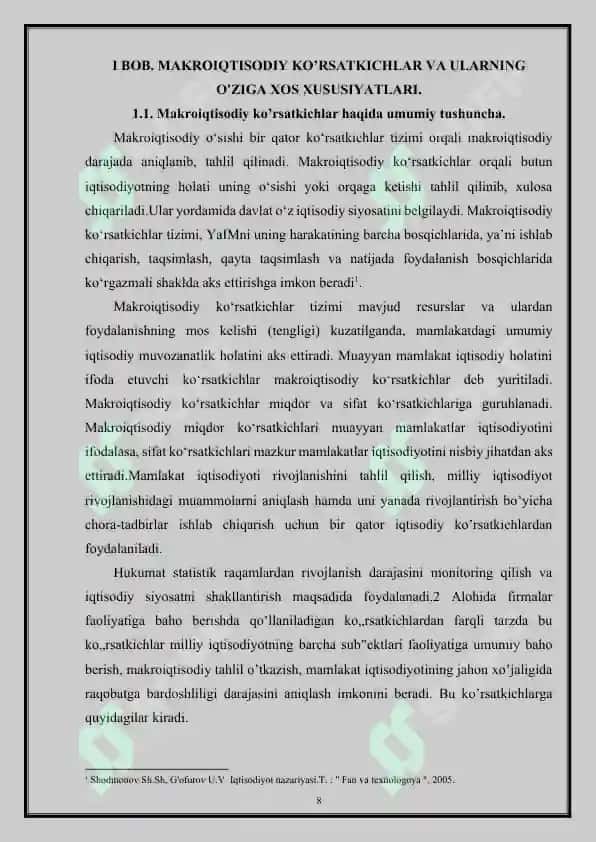 Asosiy makroiqtisodiy ko‘rsatkichlar va ularni tahlil qilish xususiyatlari kurs ishi 8