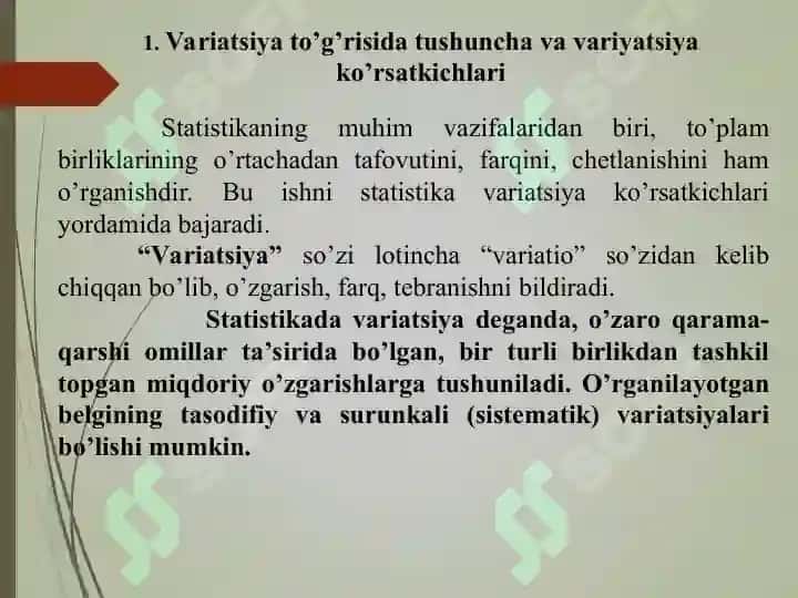 Statistikada variatsiyani baholash usullari va dispersion tahlil asoslari 3