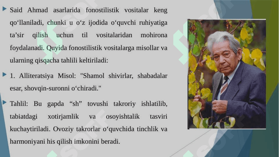 Said Ahmad asarlarida fonostilistik vositalarga misollar topish va uni tahlil qilish 3