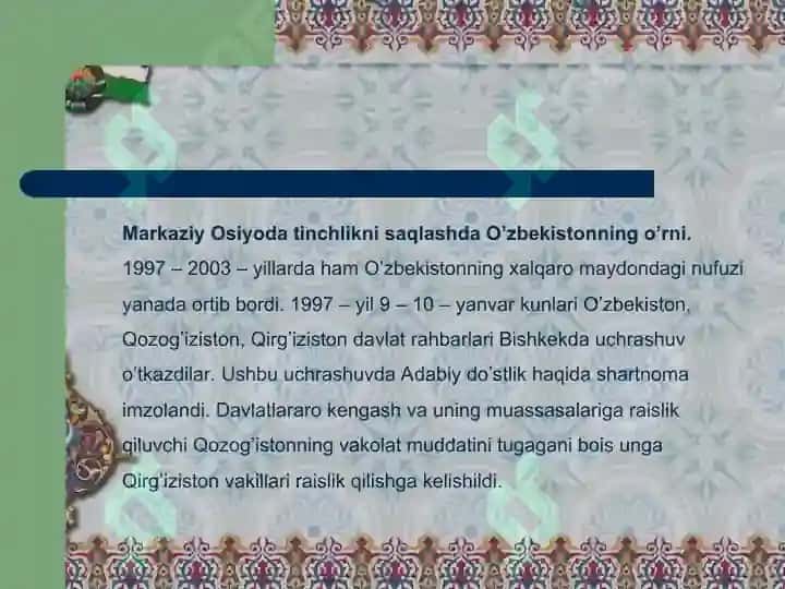 O'zbekistonning markaziy osiyoda tinchlik va barqarorlik taminlashdagi oʻrni 2