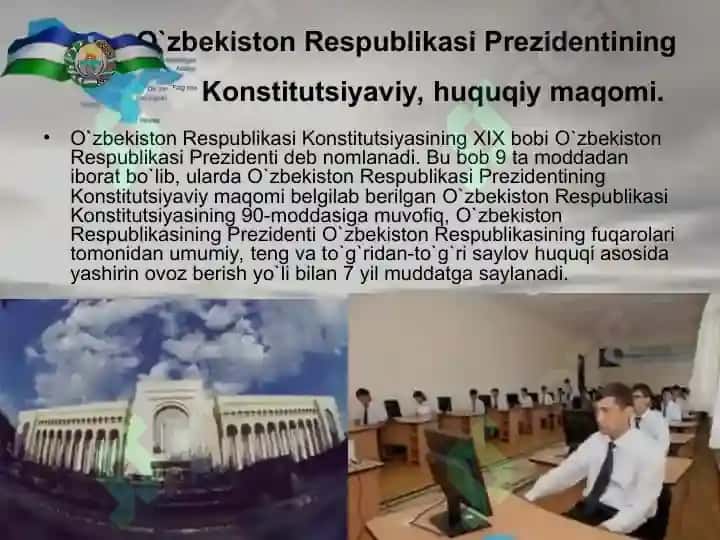 O'ZBEKISTON RESPUBLIKASI PRIZIDENTI HUQUQIY MAQOMI VAZIFALARI VA VAKOLATLARI 6