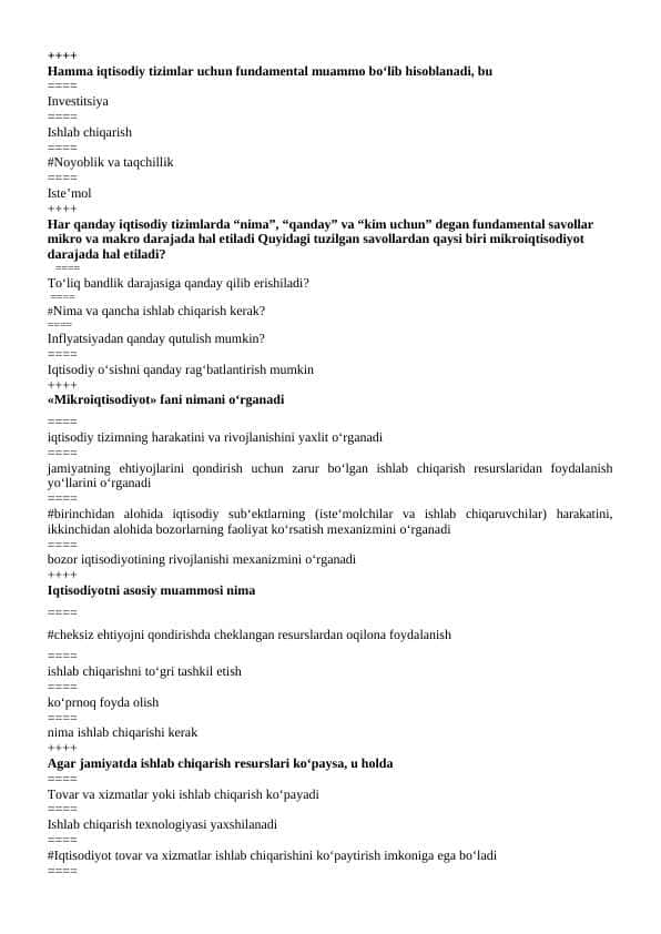 mikroiqtisodiyot fanidan test, 200 talik javoblari bilan