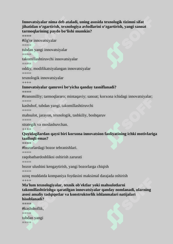 innovatsion iqtisodiyot fanidan test, 200 talik javoblari bilan 4