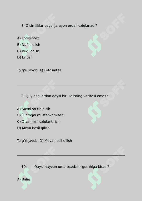 5sinf biologiya fanidan testlar 4
