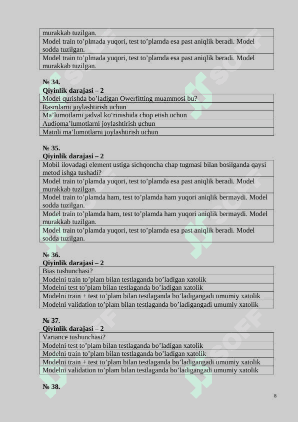 Mashinali o'qitishga kirish fanidan test, 100 talik javoblari bilan 1