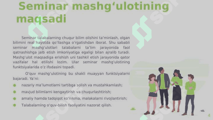 Seminar va amaliy mashg’ulotlarni o’tkazish tartibi. 4