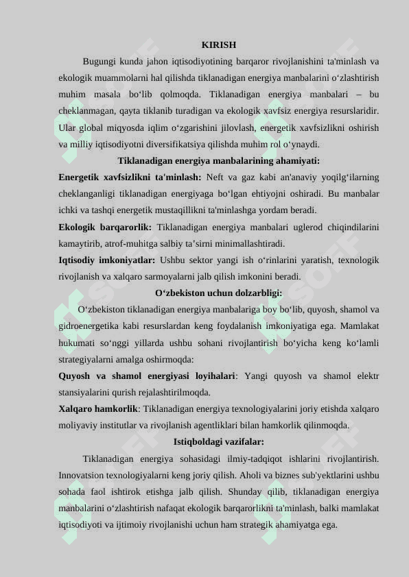 TIKLANADIGAN ENERGIYA MANBALARI O'ZLASHTIRISH ISTIQBOLLARI 2