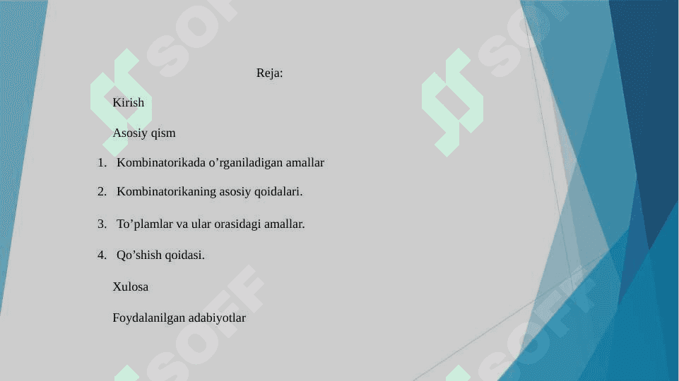 Kombinatorikaning asosiy qoidalari. To'plamlar tanlanma turlari va ularning sonini hisoblash 2