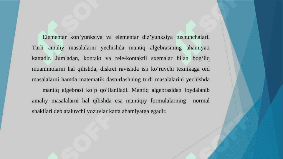 MDNSH VA MKNSH dagi fikriy ifodalar uchun kontakt-rele sxemalarini tuzish usullari. Analiz, sintez masalalari. 8