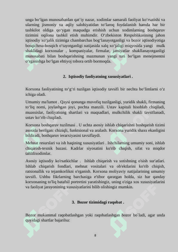 Korxonalarning bozor tizimidagi o'rni va iqtisodiy faoliyatining xususiyatlari. 8