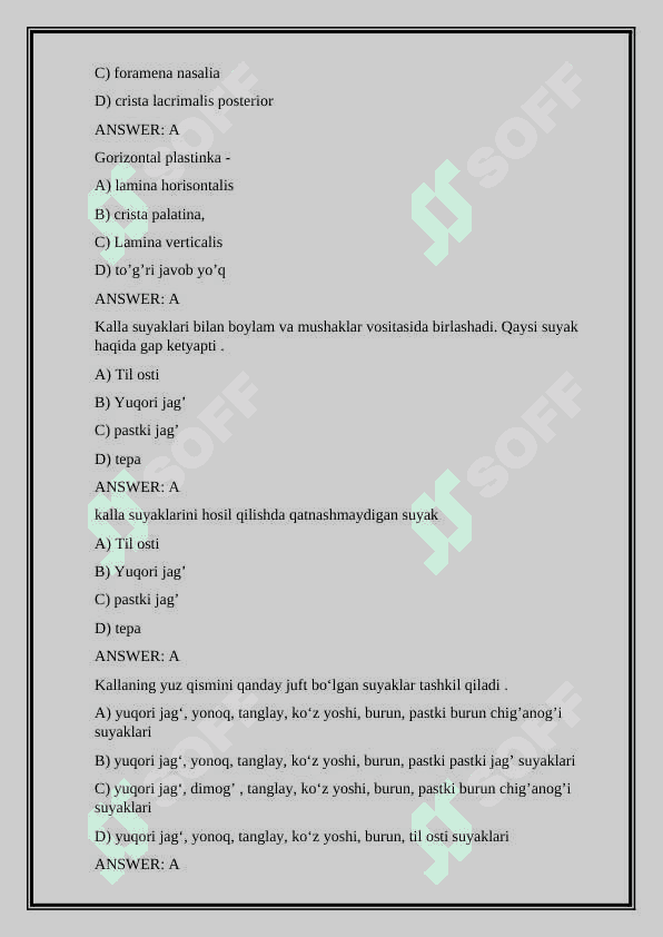 Anatomiya fanidan test - osteologiya 3