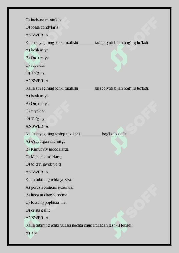 Anatomiya fanidan test - osteologiya 2
