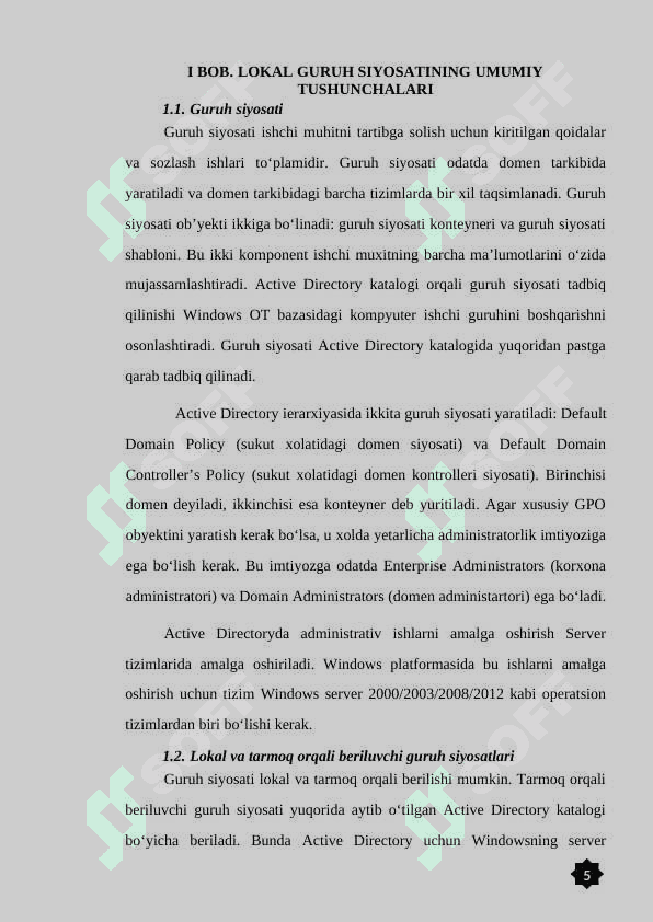 WINDOWS OPERATSION TIZIMINI  SOZLASHDA LOKAL GURUH SIYOSATI  (LOCAL GROUP POLICY OBJECT) METODIKASI 5