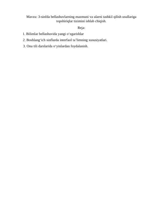 3-sinfda bellashuvlarning mazmuni va ularni tashkil qilish usullariga topshiriqlar tizimini ishlab chiqish.