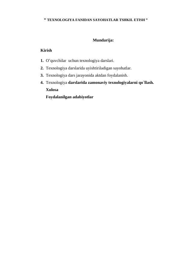 “ TEXNOLOGIYA FANIDAN SAYOHATLAR TASHKIL ETISH ” kurs ishi