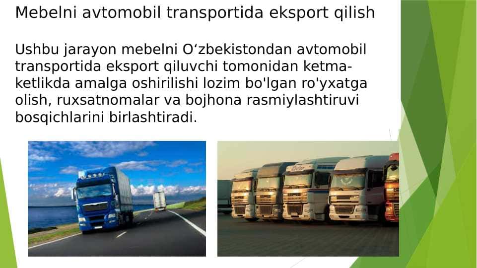 Mebelni avtomobil transportida eksport qilish