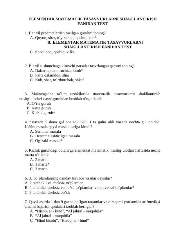 ELEMENTAR MATEMATIK TASAVVURLARNI SHAKLLANTIRISH FANIDAN TEST javoblari bilan