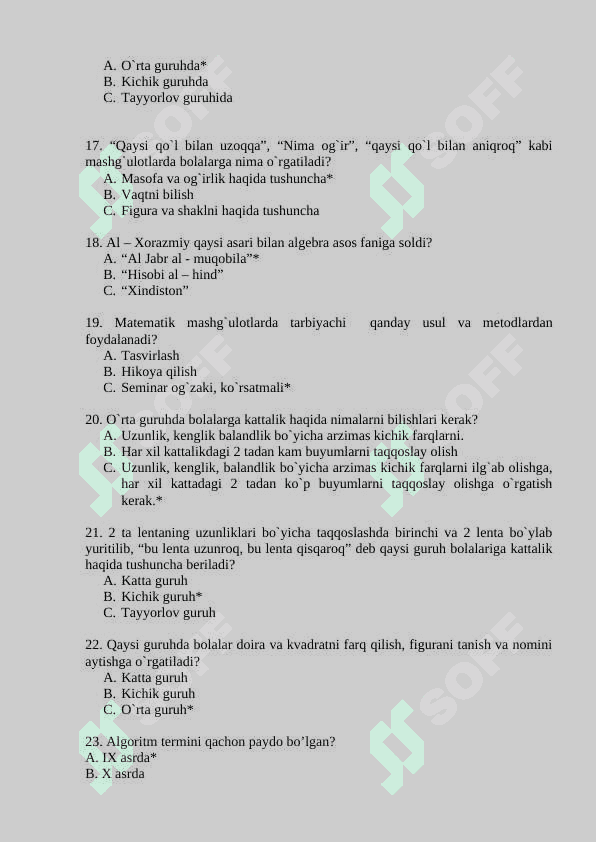 ELEMENTAR MATEMATIK TASAVVURLARNI SHAKLLANTIRISH FANIDAN TEST javoblari bilan 3