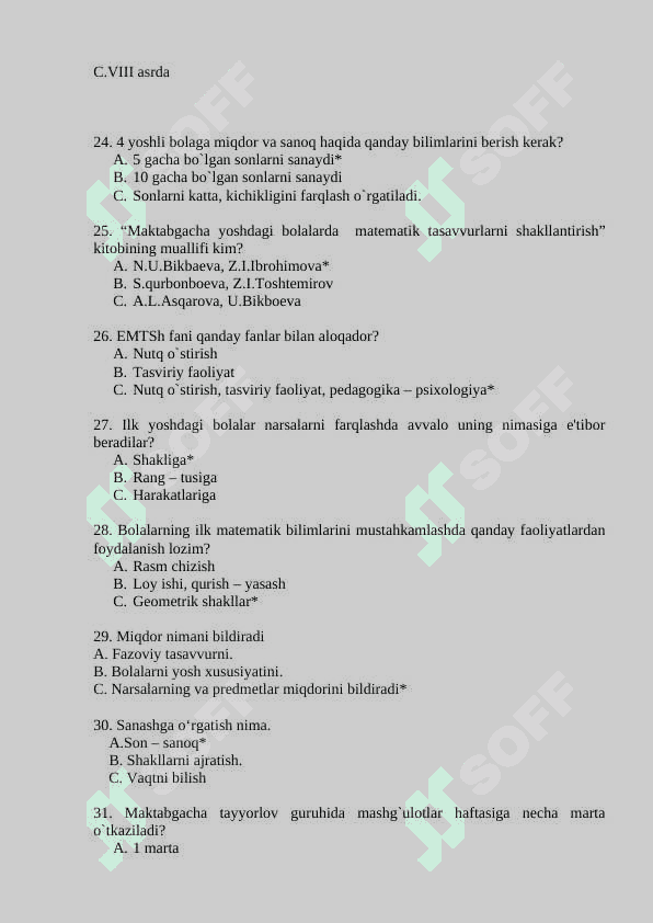 ELEMENTAR MATEMATIK TASAVVURLARNI SHAKLLANTIRISH FANIDAN TEST javoblari bilan 4