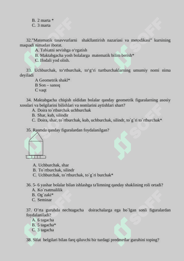 ELEMENTAR MATEMATIK TASAVVURLARNI SHAKLLANTIRISH FANIDAN TEST javoblari bilan 5