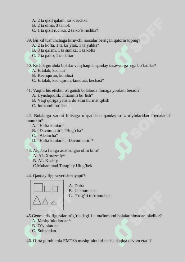 ELEMENTAR MATEMATIK TASAVVURLARNI SHAKLLANTIRISH FANIDAN TEST javoblari bilan 6