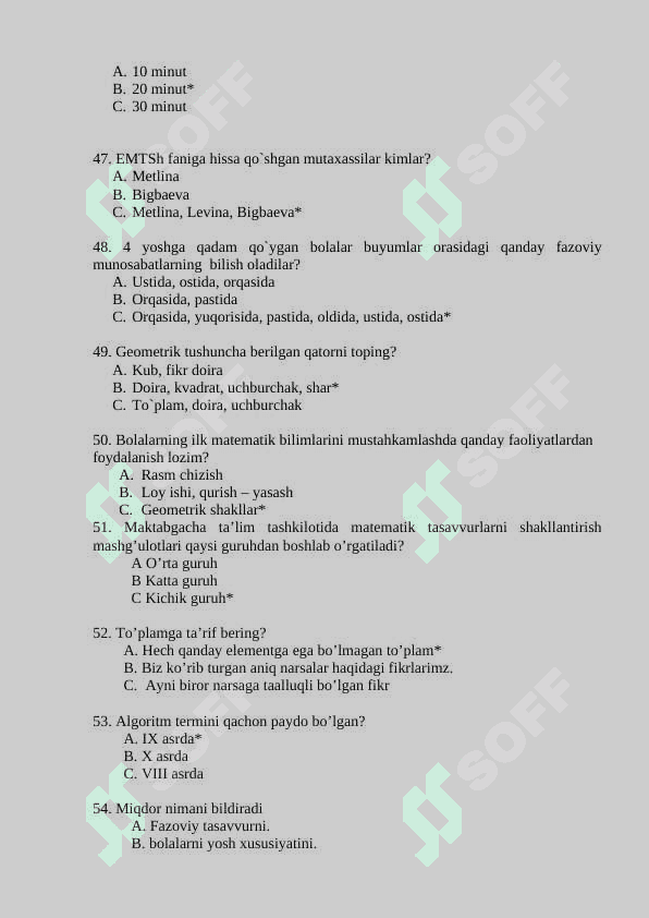 ELEMENTAR MATEMATIK TASAVVURLARNI SHAKLLANTIRISH FANIDAN TEST javoblari bilan 7