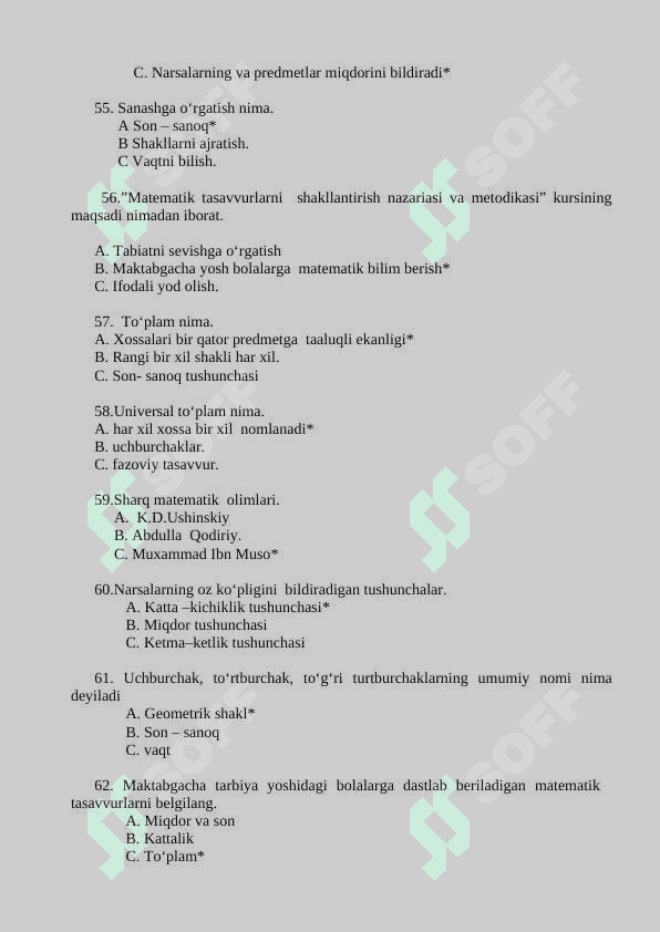 ELEMENTAR MATEMATIK TASAVVURLARNI SHAKLLANTIRISH FANIDAN TEST javoblari bilan 8