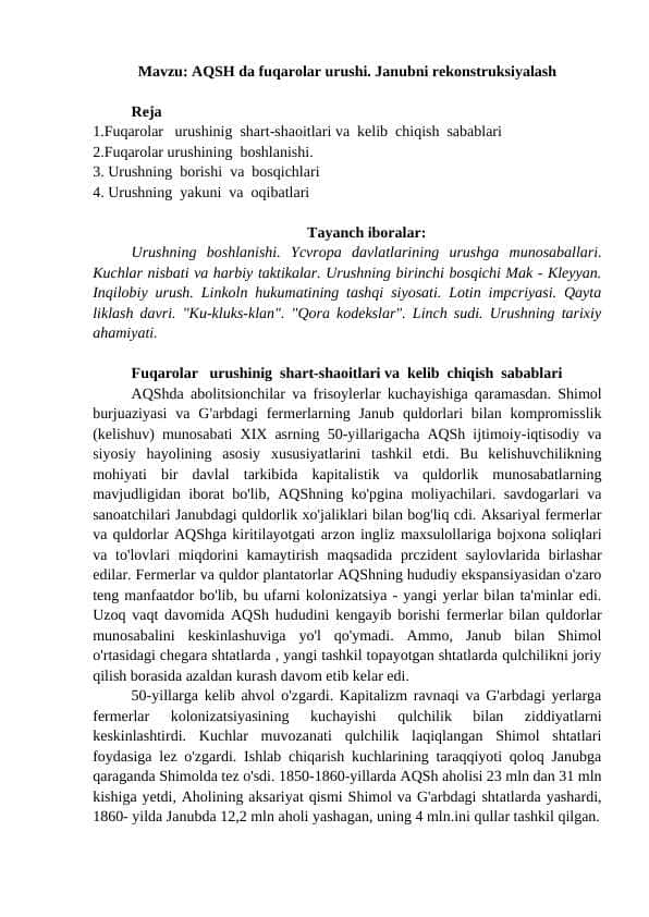 AQSHda fuqarolik urushi. Janubni rekonstruksiyalash