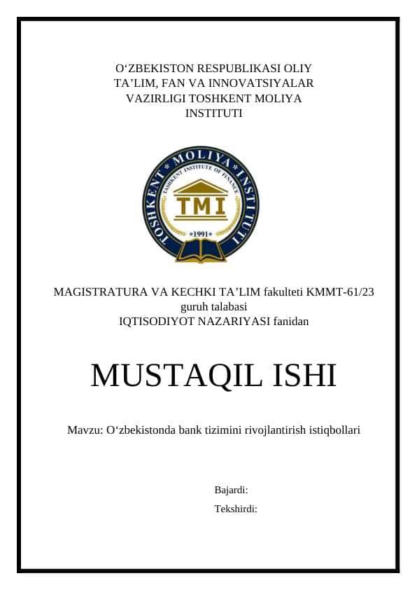 O‘zbekistonda bank tizimini rivojlantirish istiqbollari