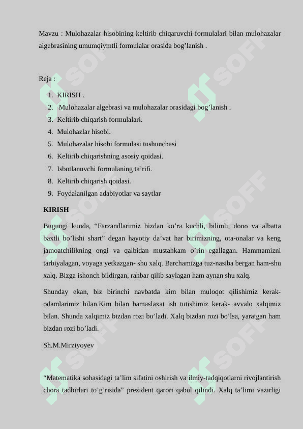 Mulohazalar hisobining keltirib chiqaruvchi formulalari bilan mulohazalar algebrasining umumqiymtli formulalar orasida bog’lanish 2