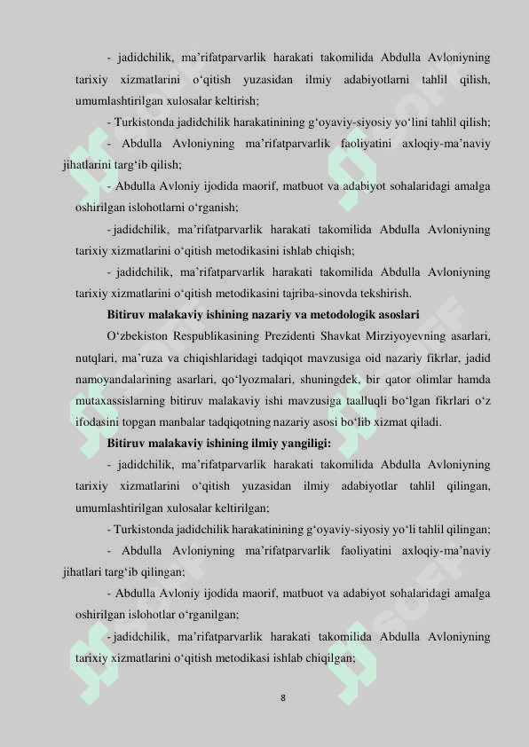 JADIDCHILIK MA’RIFATPARVARLIK HARAKATI TAKOMILIDA ABDULLA AVLONIYNING TARIXIY XIZMATLARI 8
