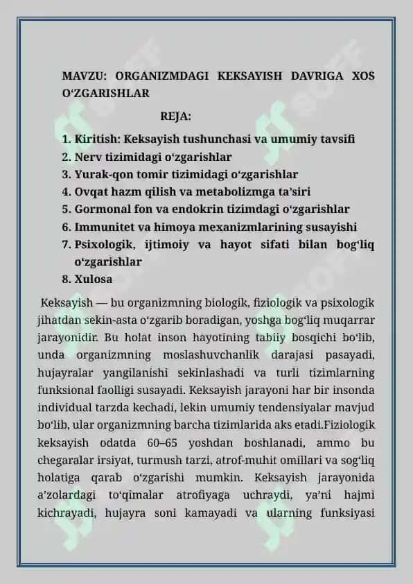 Organizmdagi Keksayish Davriga Xos O‘zgarishlar 2