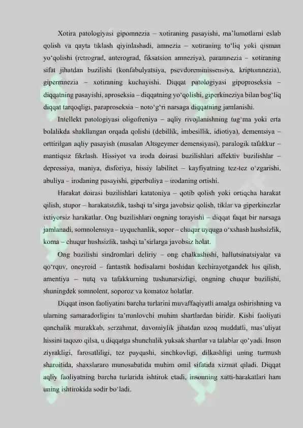 XOTIRA, DIQQAT VA INTELLEKT PATOLOGIYASI. HISSIYOT-IRODA VA HARAKAT DOIRASI BUZILISHLARI. ONG. ONG BUZILISHI SINDROMLARI. ASOSIY PSIXOPATALOGIK SINDROMLAR 2