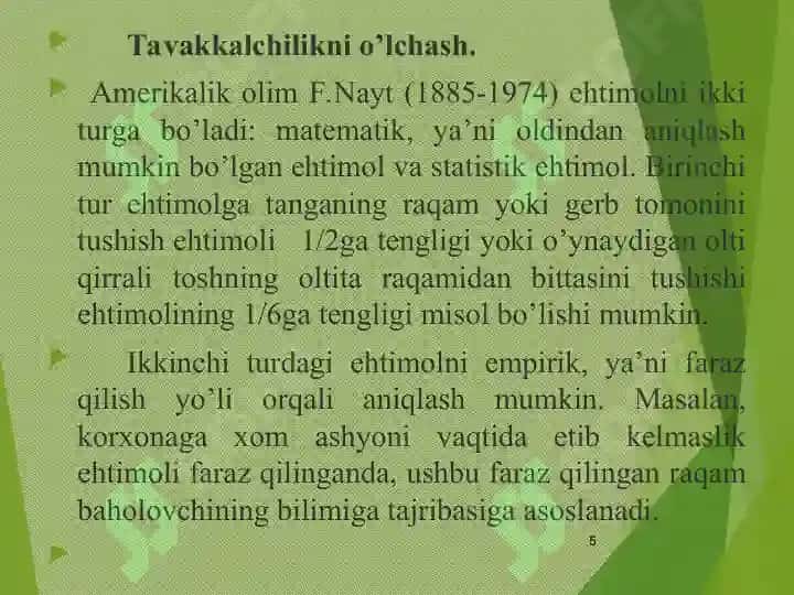 Mavhumlik va Tavakkalchilik 5