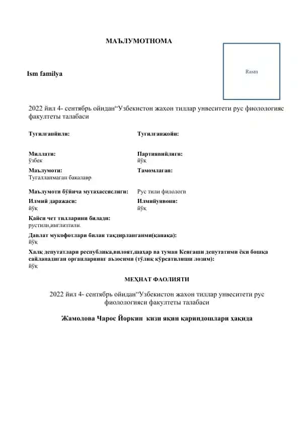 Ma'lumotnoma         Obyektivka (CV) uchun sotiladigan nomlar:  “Professional Obyektivka (CV) Shablonlari To‘plami”  “Ishga Kirish uchun Tayyor Obyektivka Namunalari”  “10+ Zamonaviy CV Dizayn Shablonlari”  “Talabalar va Mutaxassislar uchun Obyektivka To‘plami”  “Word formatida Ishga Kirish uchun Obyektivka”